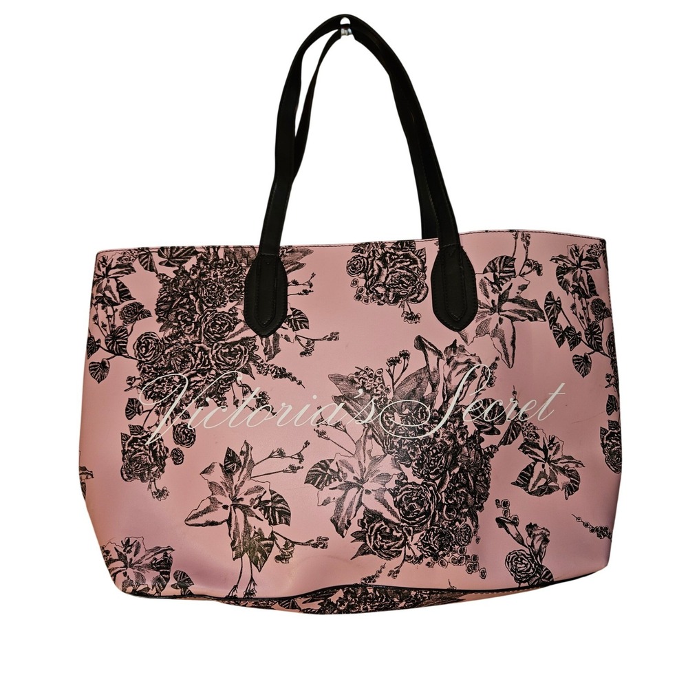Victoria's Secret Pink Floral Tote Bag Black Botanical Print Large Shoulder Bag